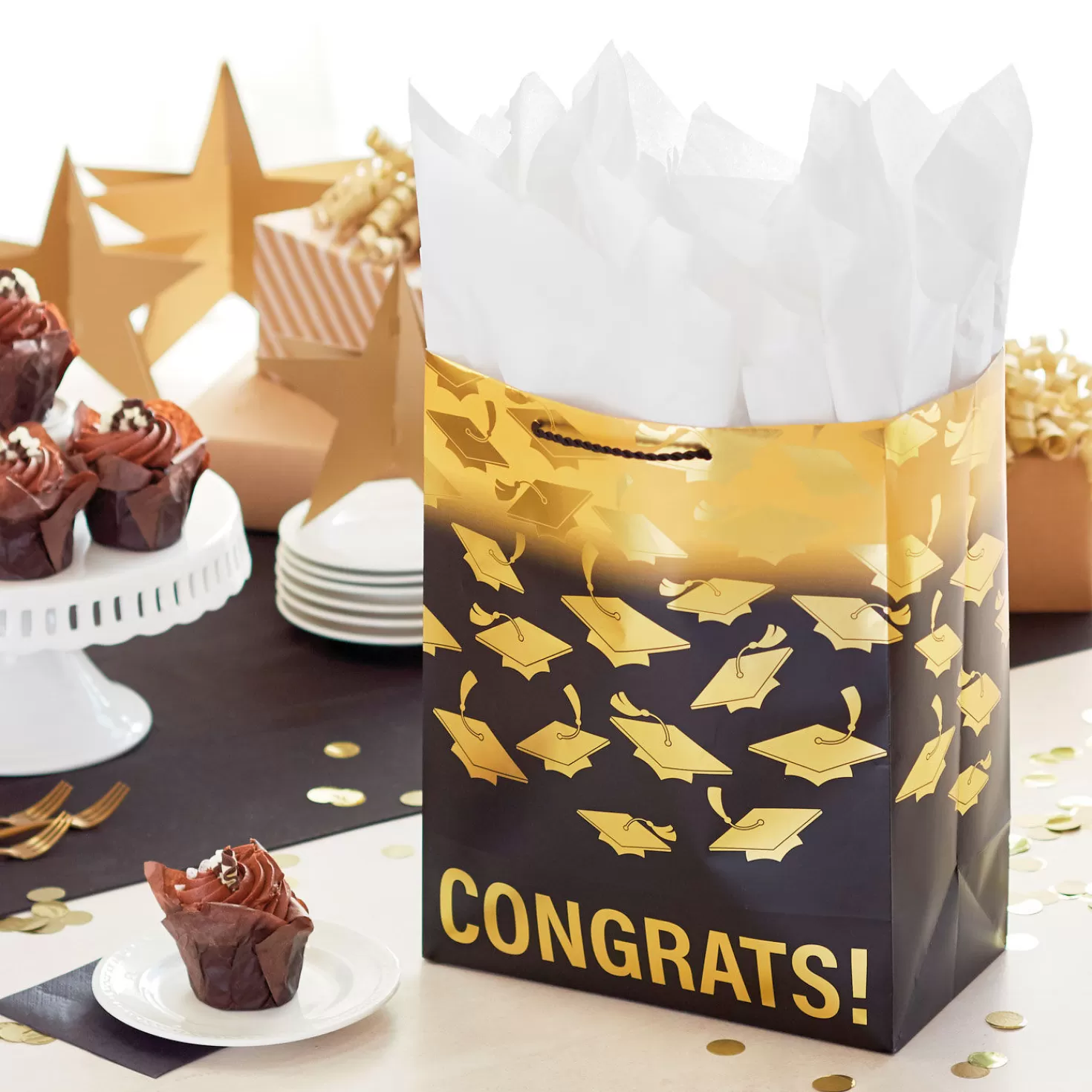 Hot 13" Mortarboards On Ombre Large Graduation Gift Bag With Tissue Paper Graduation