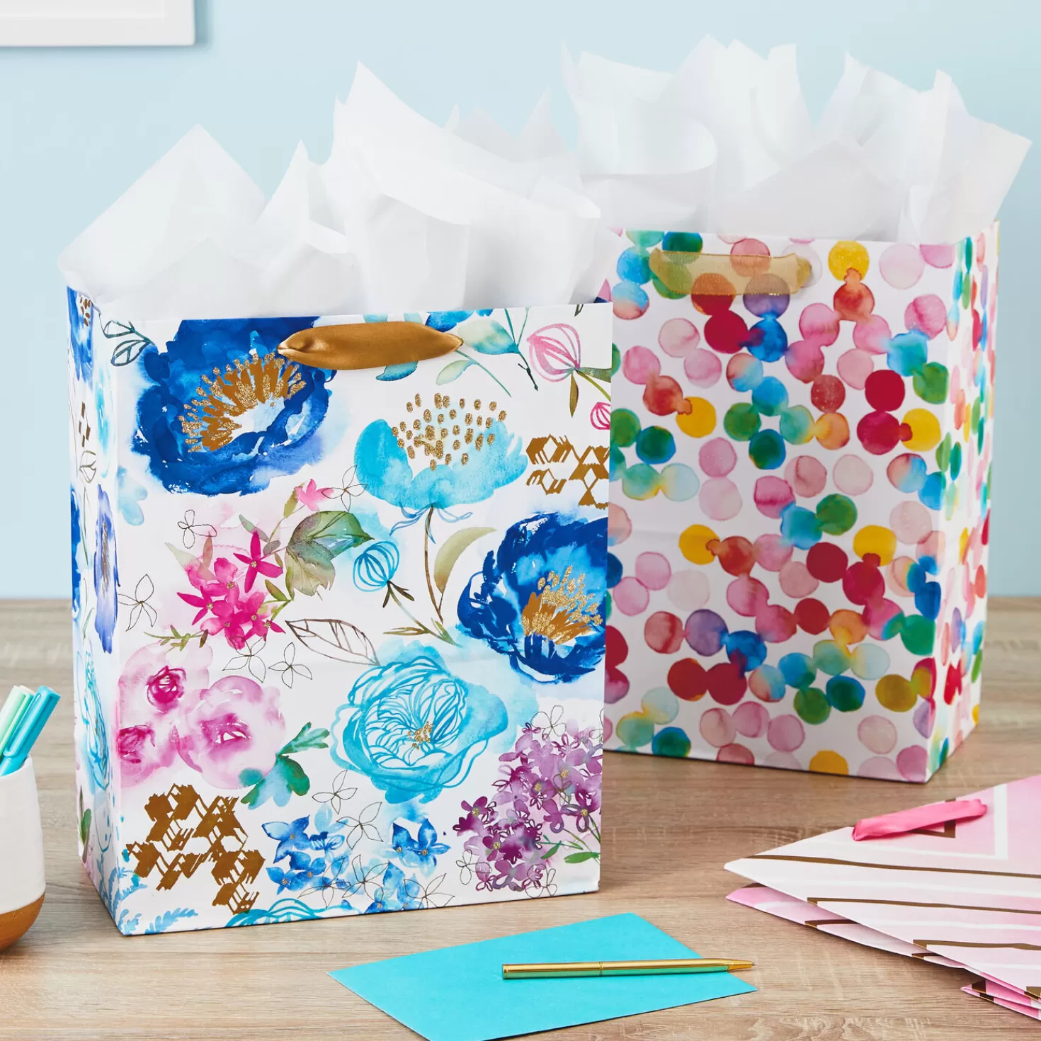 Online 13" Watercolor 3-Pack Assorted Gift Bags With Tissue Wedding