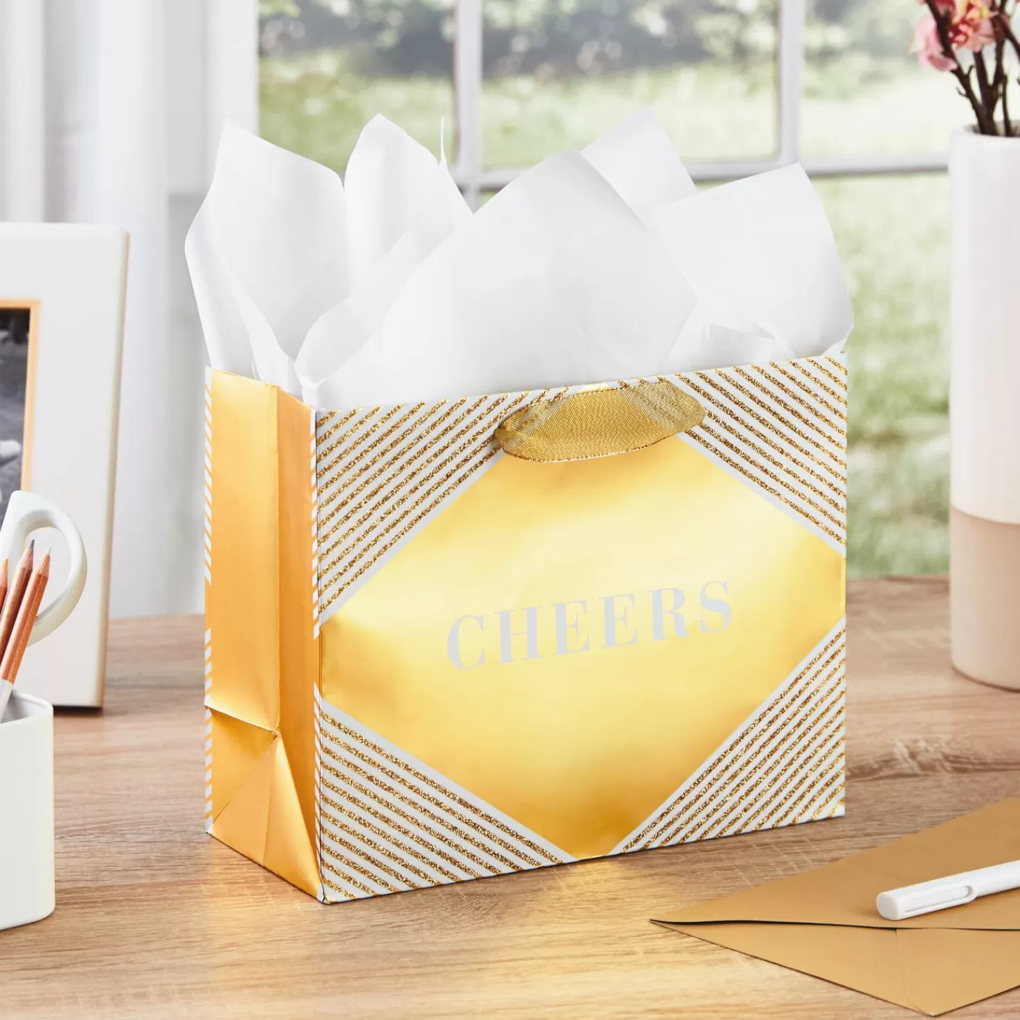 Shop 7.7" Horizontal Cheers On Gold Gift Bag With Tissue Graduation
