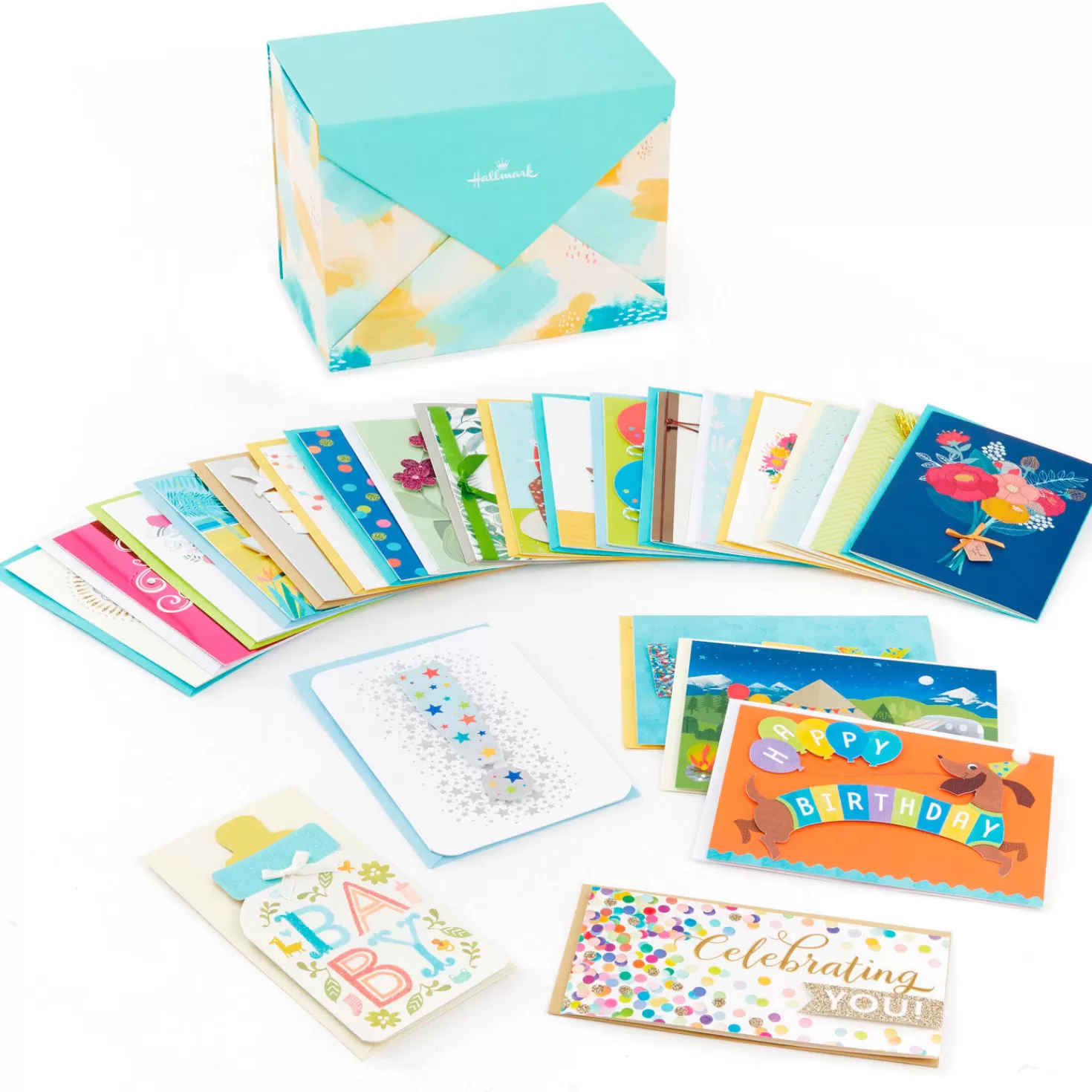 Birthday>Hallmark Assorted All-Occasion Greeting Cards In Pastel Watercolor Organizer, Box Of 24