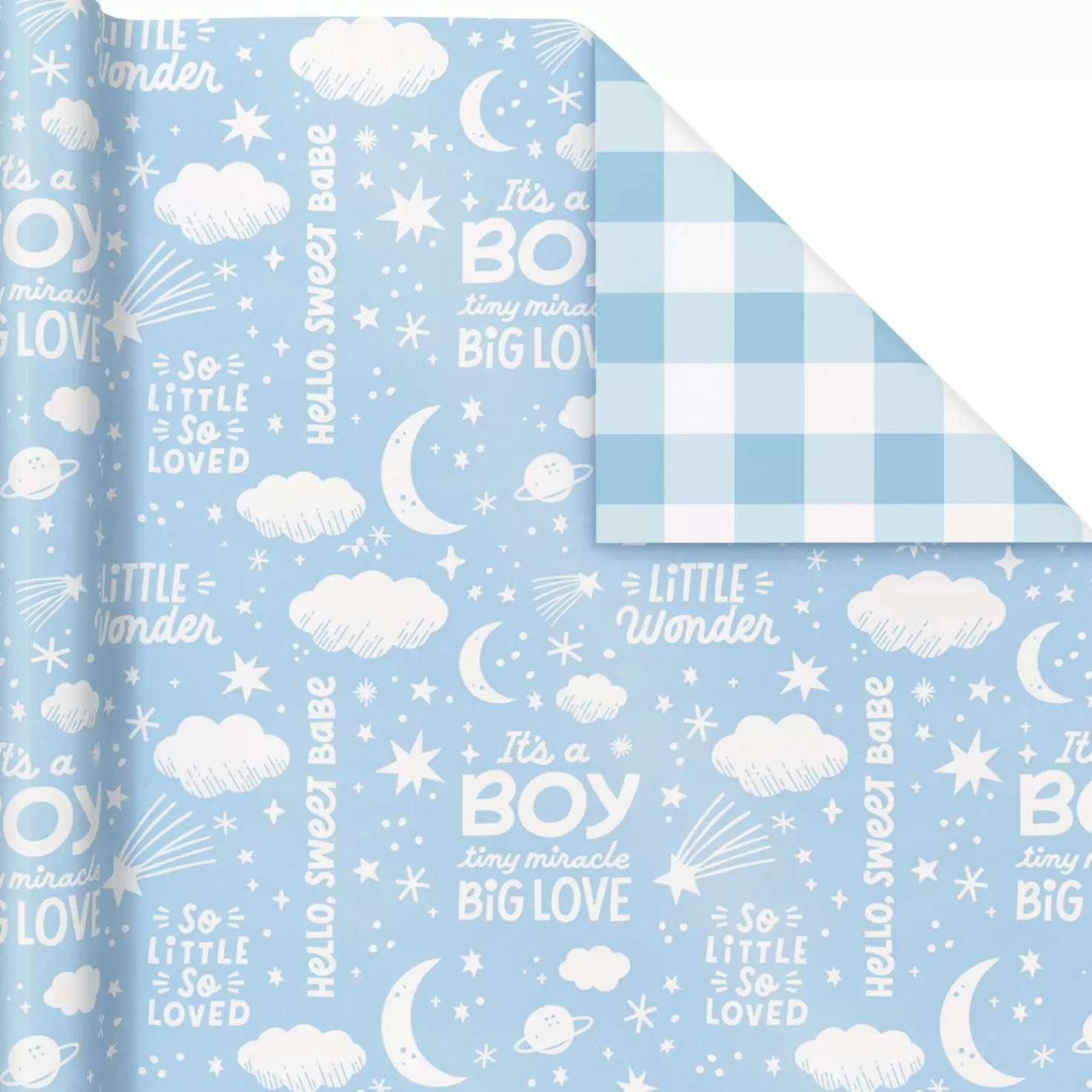 Baby>Hallmark Baby Boy Lettering/Blue Gingham Reversible Wrapping Paper, 20 Sq. Ft.