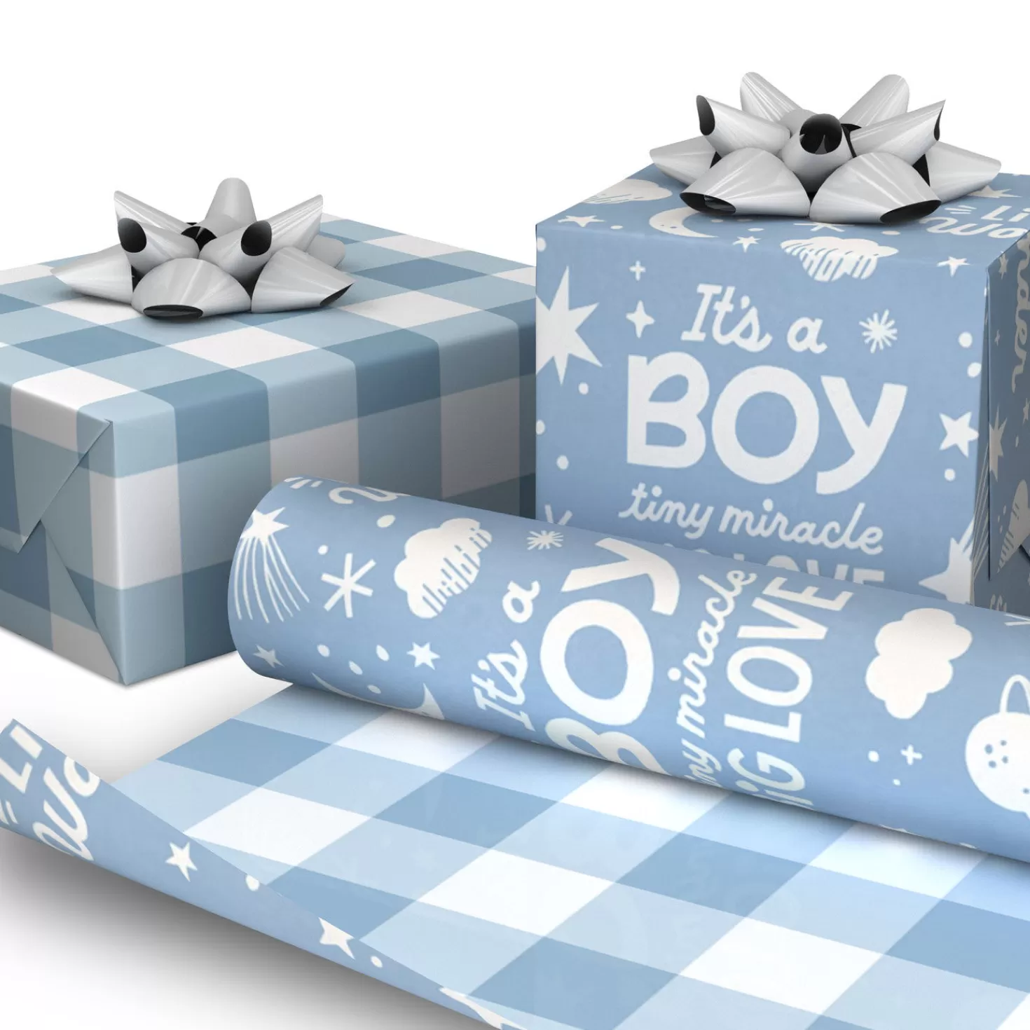 Baby>Hallmark Baby Boy Lettering/Blue Gingham Reversible Wrapping Paper, 20 Sq. Ft.