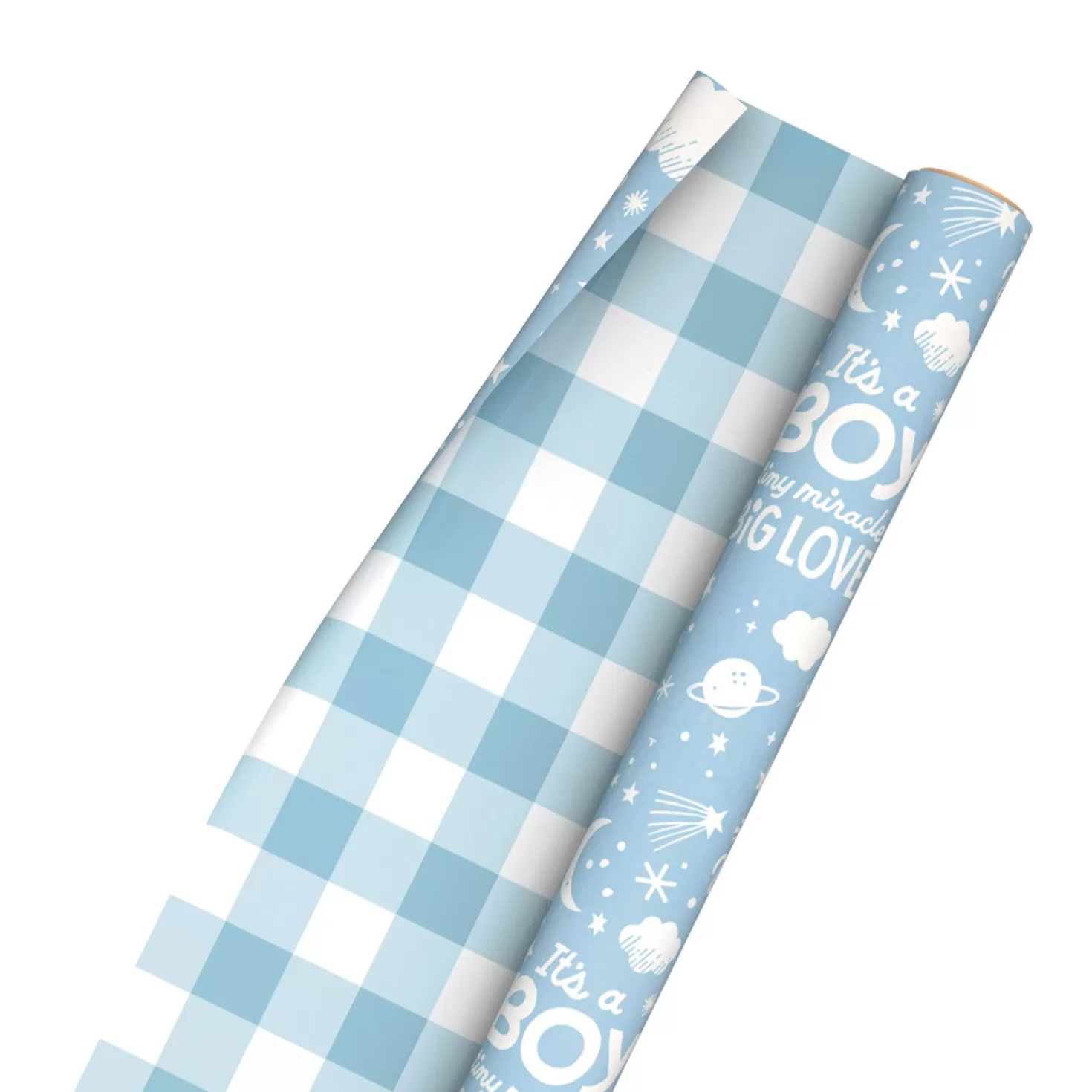 Baby>Hallmark Baby Boy Lettering/Blue Gingham Reversible Wrapping Paper, 20 Sq. Ft.
