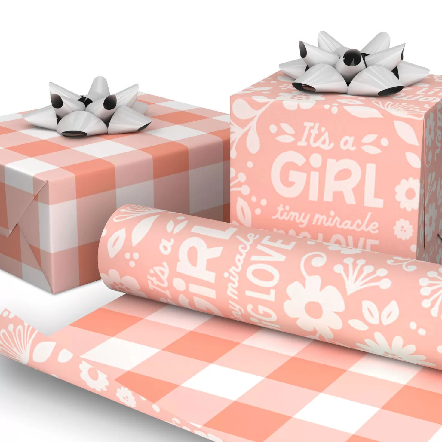 Baby>Hallmark Baby Girl Lettering/Pink Gingham Reversible Wrapping Paper, 20 Sq. Ft.