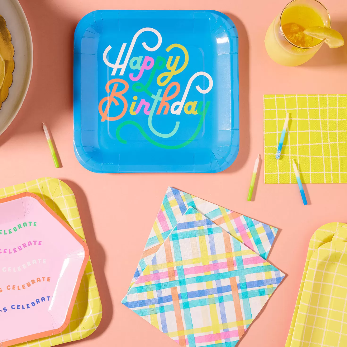 Birthday>Hallmark Bright Pastel Plaid Cocktail Napkins, Set Of 16