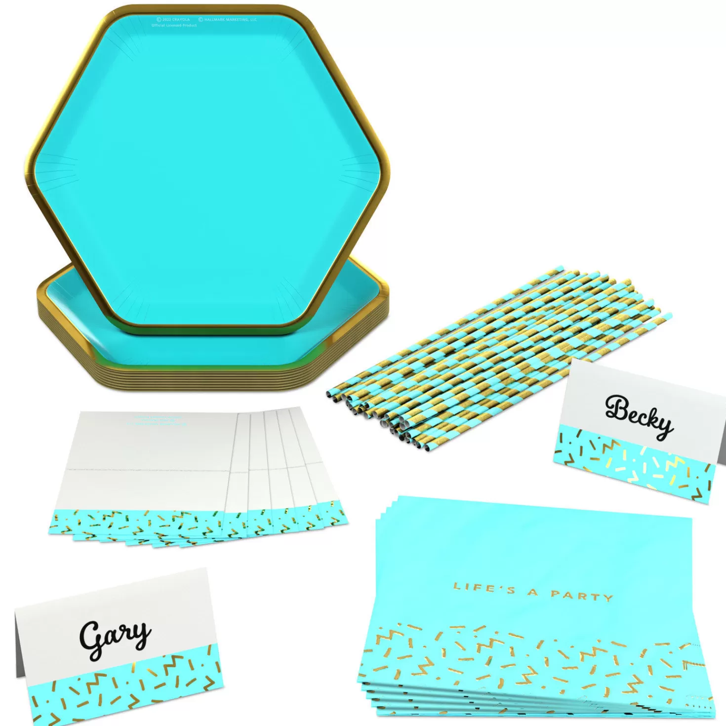 Birthday>Hallmark Color Pop 60-Piece Tableware Premium Party Kit, Aqua Hexagon
