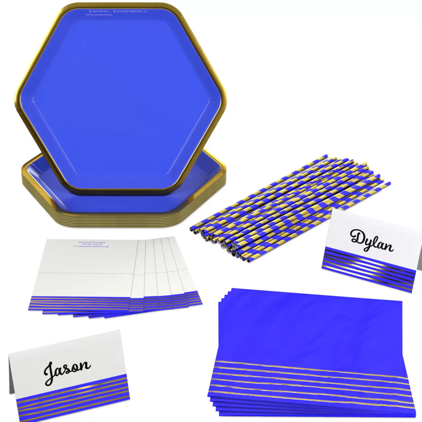 Birthday>Hallmark Color Pop 60-Piece Tableware Premium Party Kit, Blue Hexagon