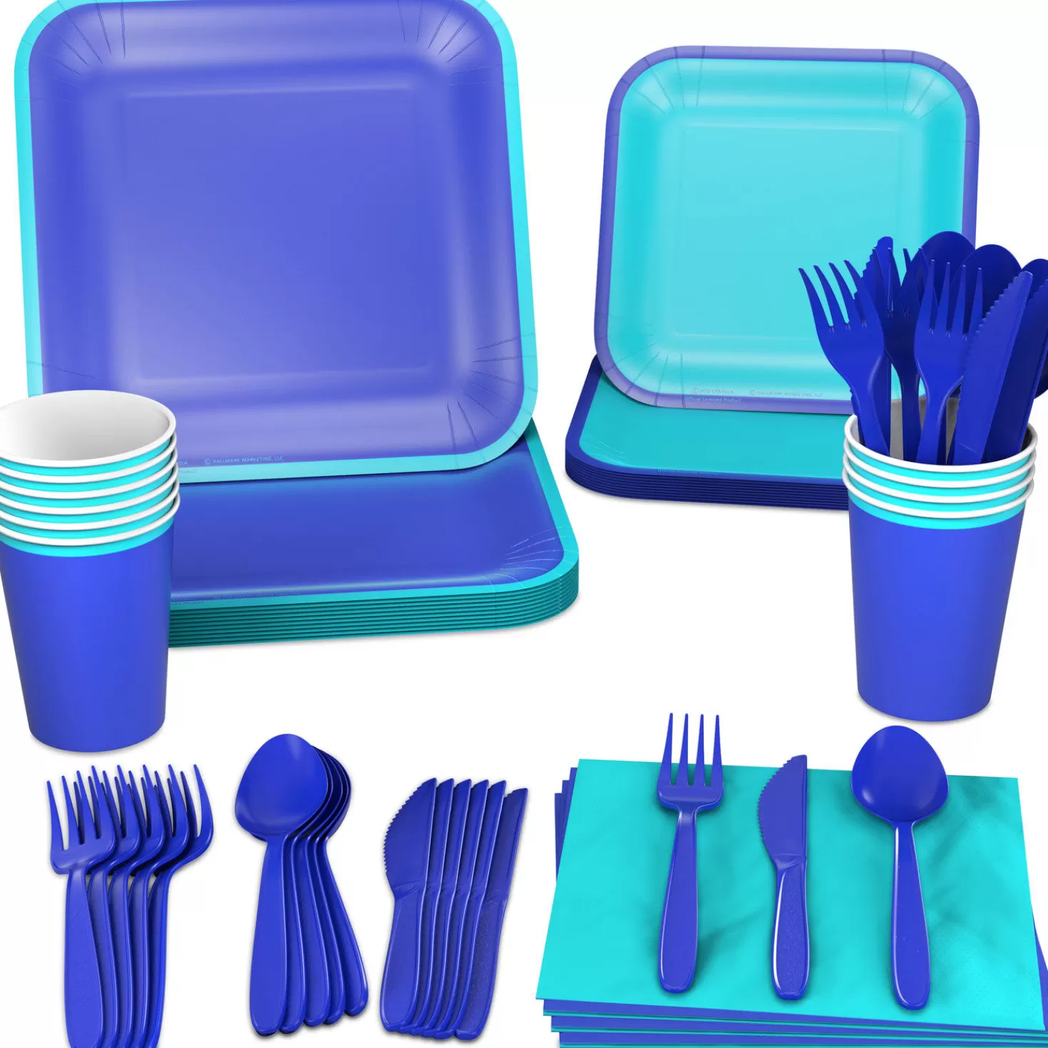 Hot Color Pop 96-Piece Tableware Basics Party Kit, Aqua And Indigo Graduation
