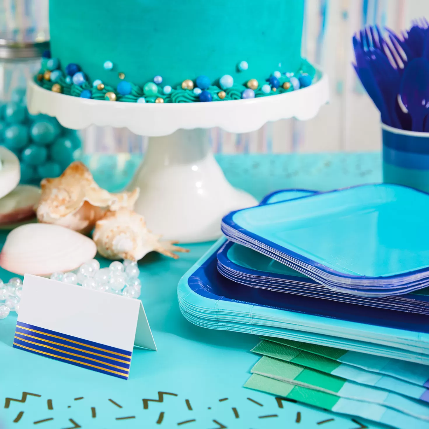 Hot Color Pop 96-Piece Tableware Basics Party Kit, Aqua And Indigo Graduation