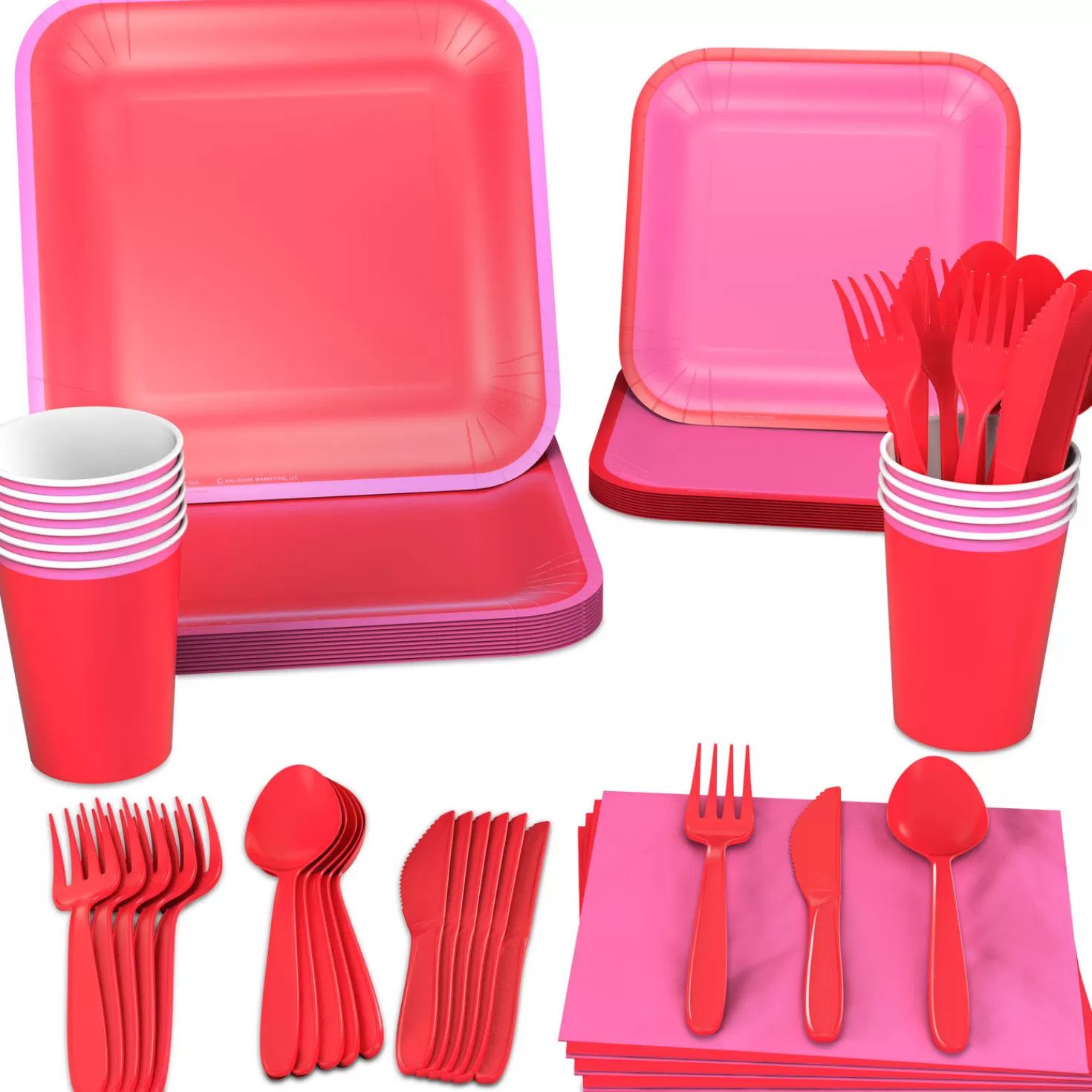 Birthday>Hallmark Color Pop 96-Piece Tableware Basics Party Kit, Red And Pink