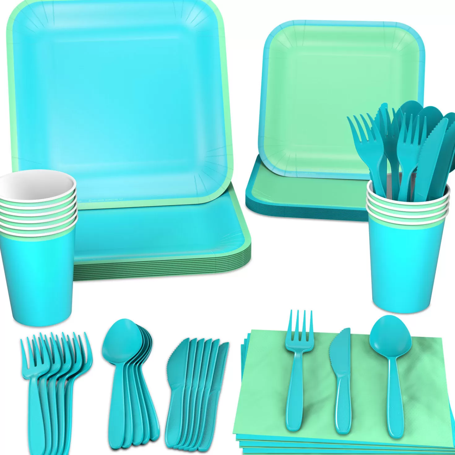 Birthday>Hallmark Color Pop 96-Piece Tableware Basics Party Kit, Sea Green And Aqua