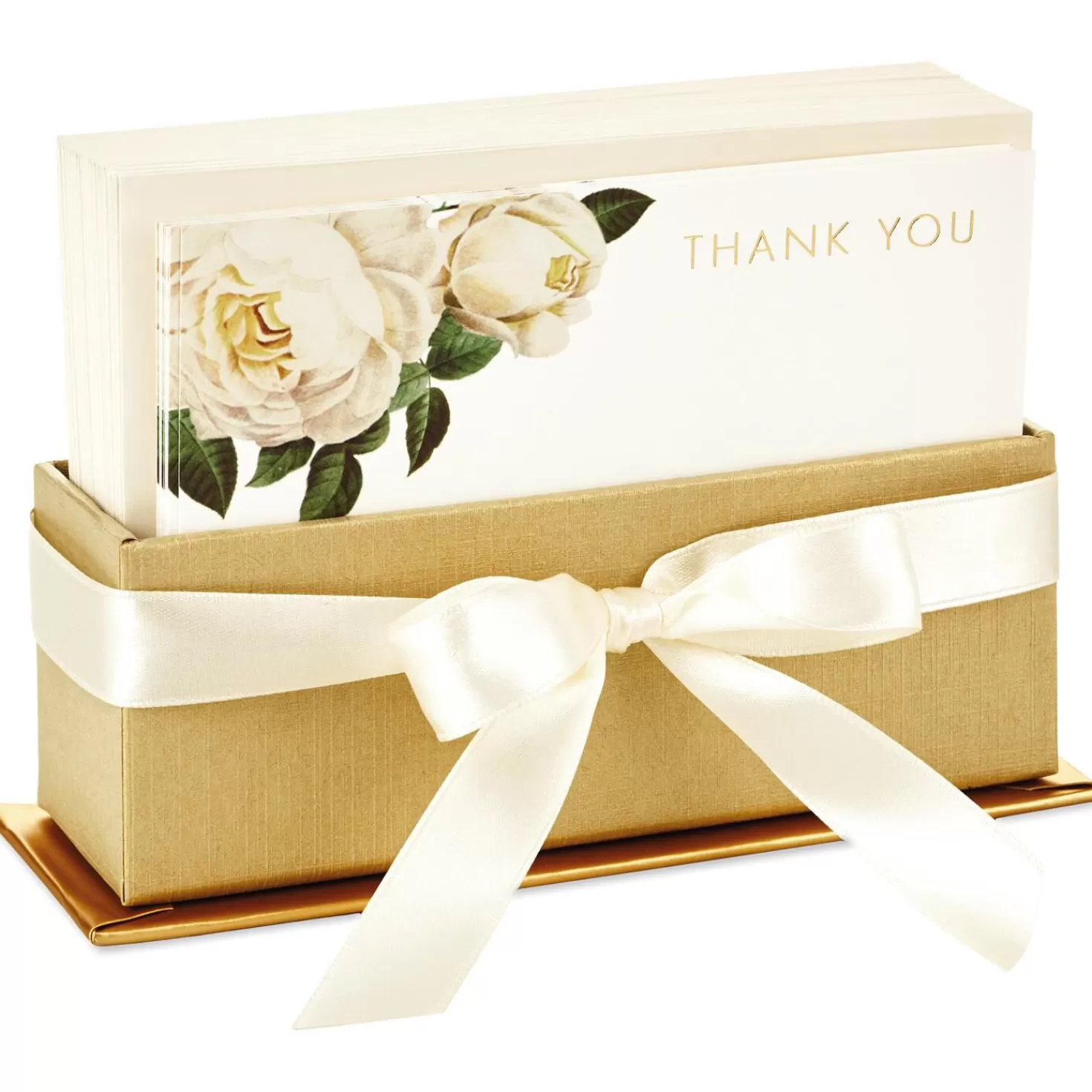 New Cream And Pink Roses Blank Flat Note Cards With Caddy, Box Of 40 Thank You