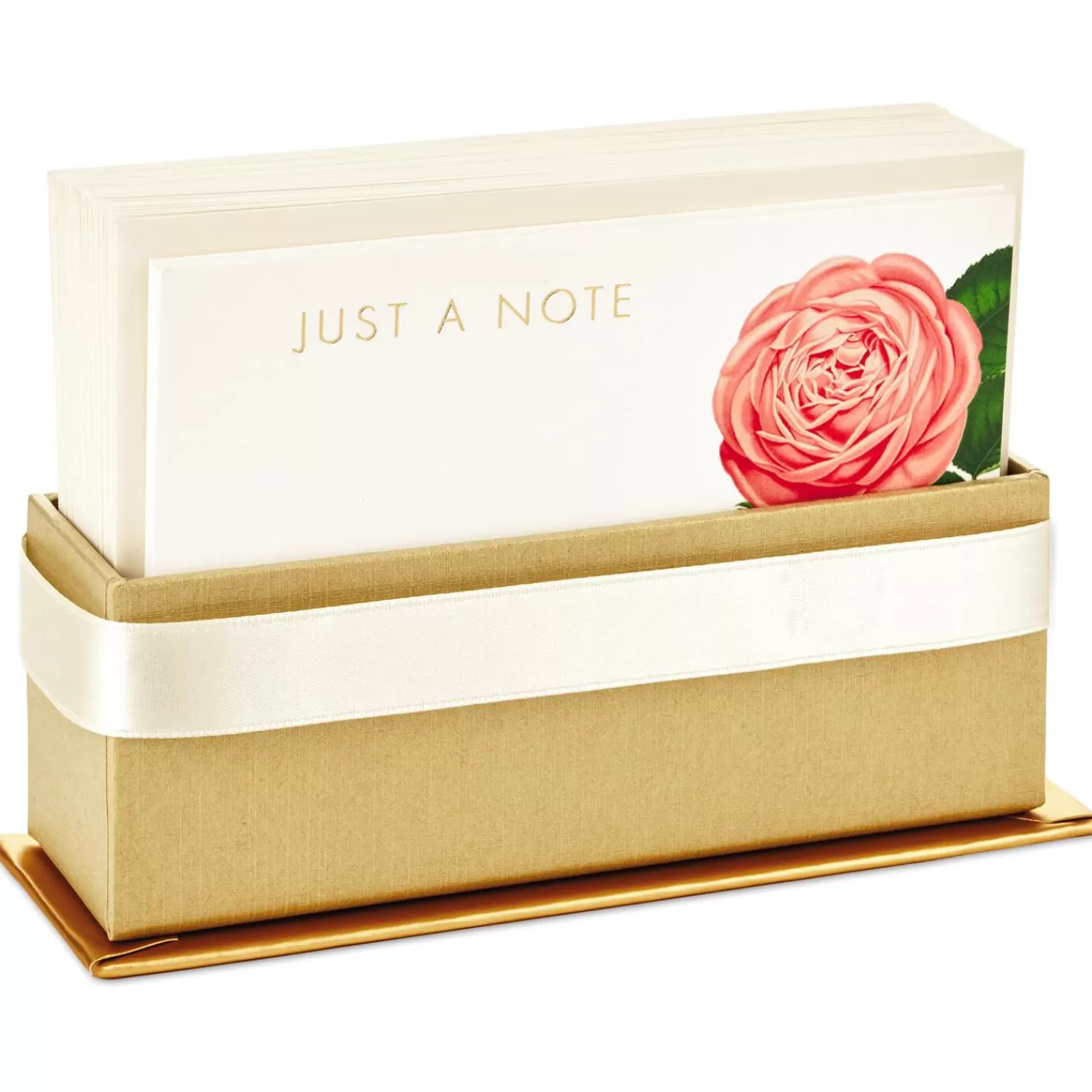 New Cream And Pink Roses Blank Flat Note Cards With Caddy, Box Of 40 Thank You