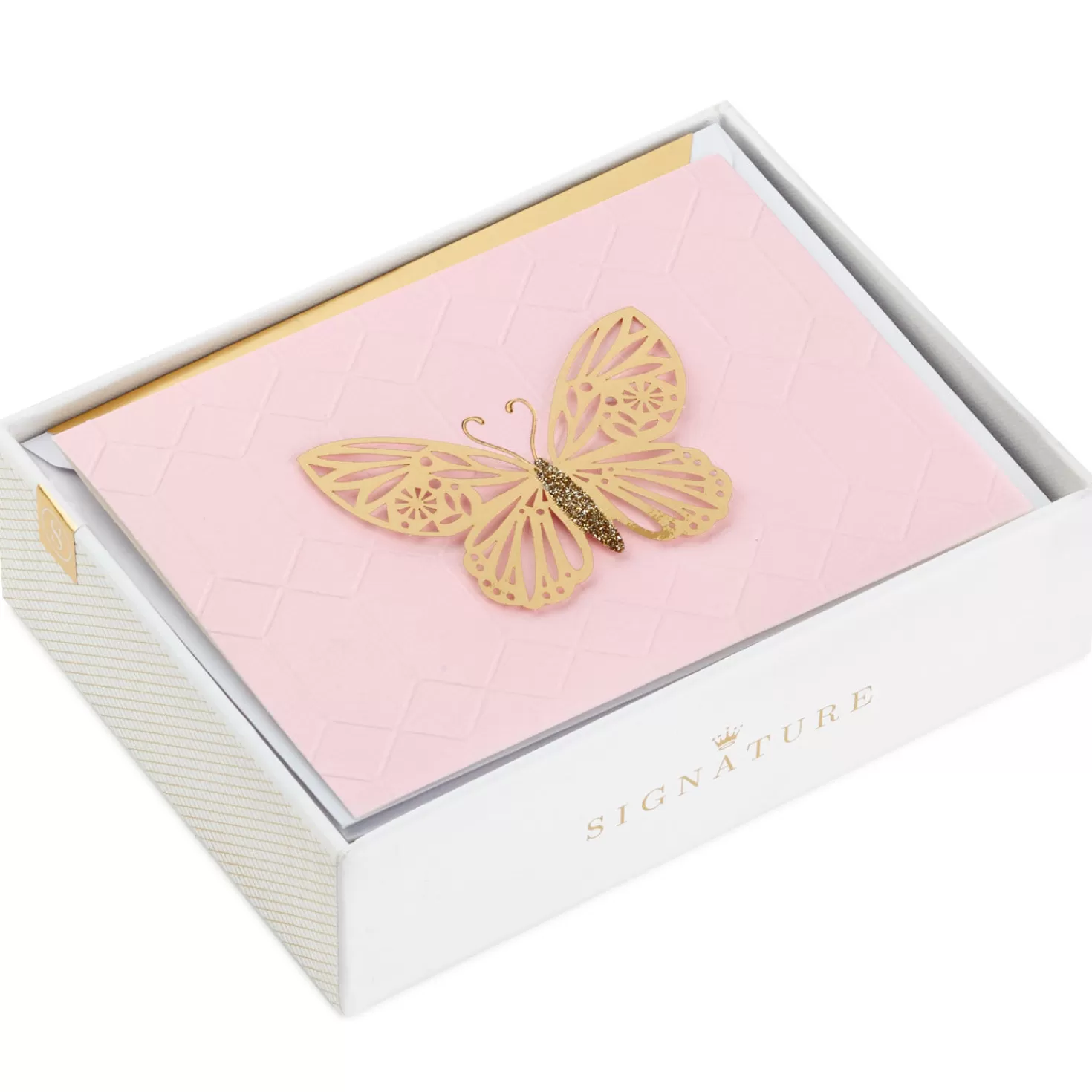 Best Sale Gold Butterfly On Pink Blank Note Cards, Box Of 8 Thank You