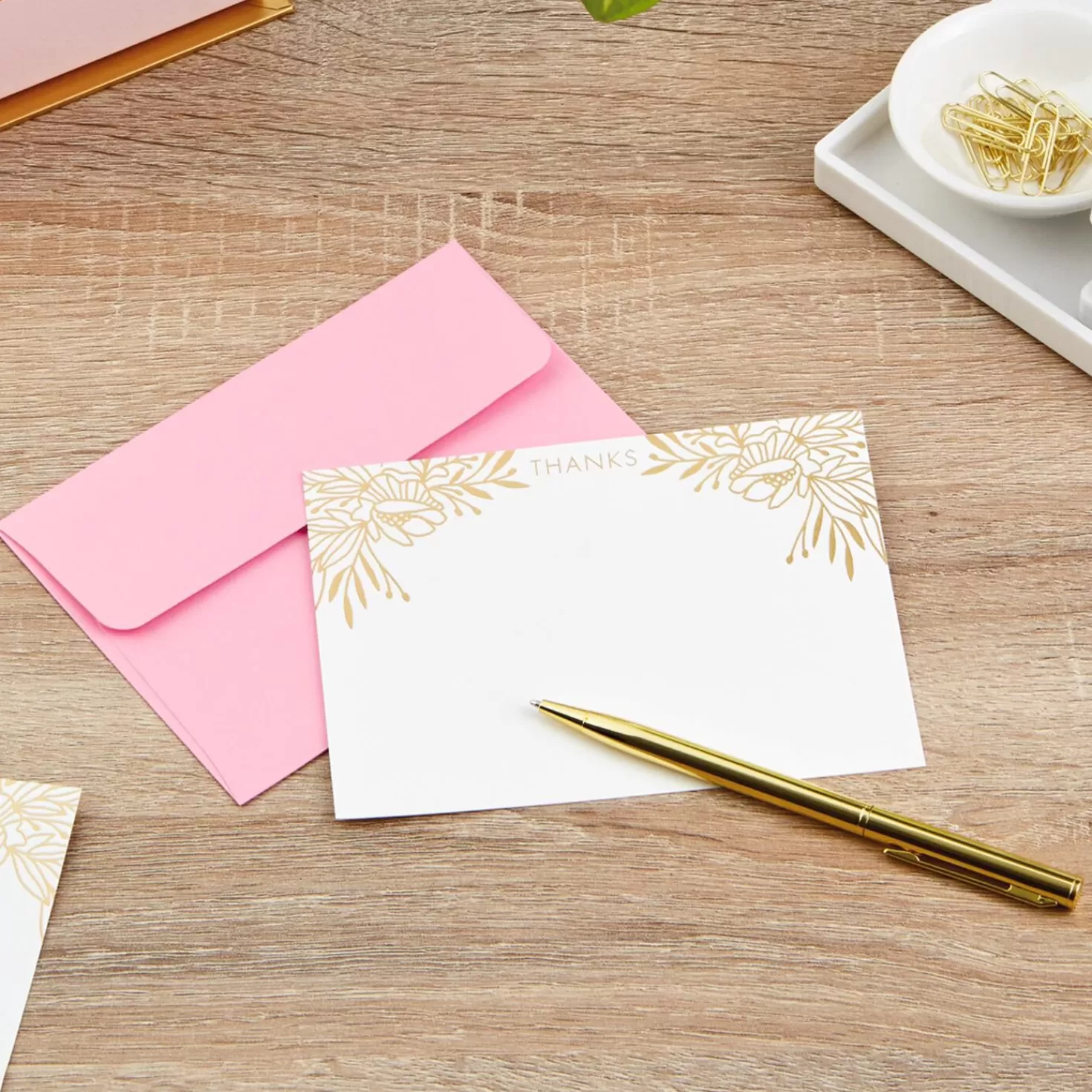 Best Sale Gold Floral Blank Flat Note Cards With Caddy, Box Of 40 Thank You