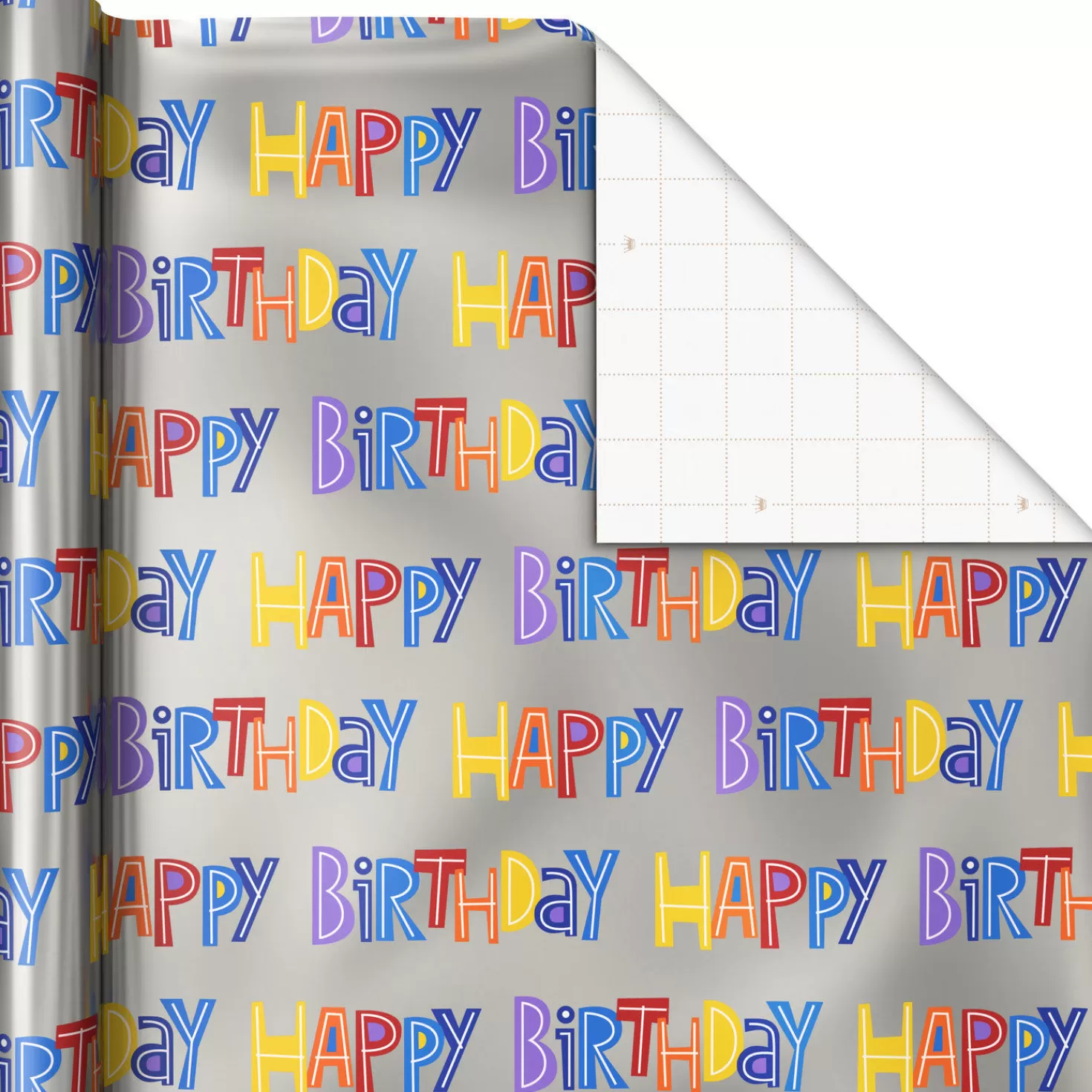 Birthday>Hallmark Happy Birthday On Silver Wrapping Paper Roll, 20 Sq. Ft.