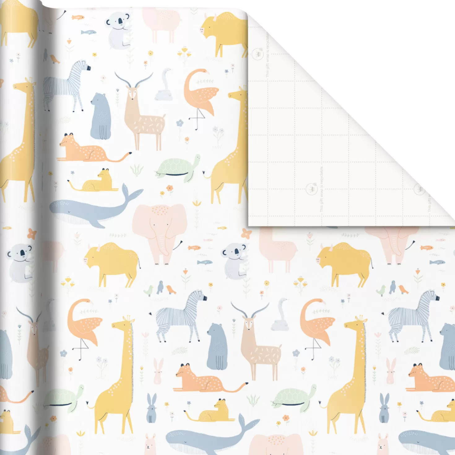 Baby>Hallmark Pastel Animals On White Wrapping Paper, 20 Sq. Ft.