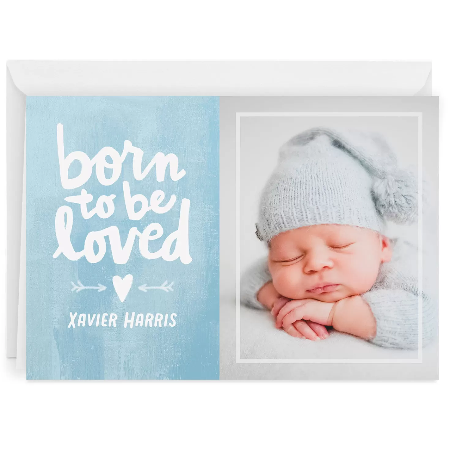 Cheap Personalized Born To Be Loved Blue New Baby Photo Card Congratulations