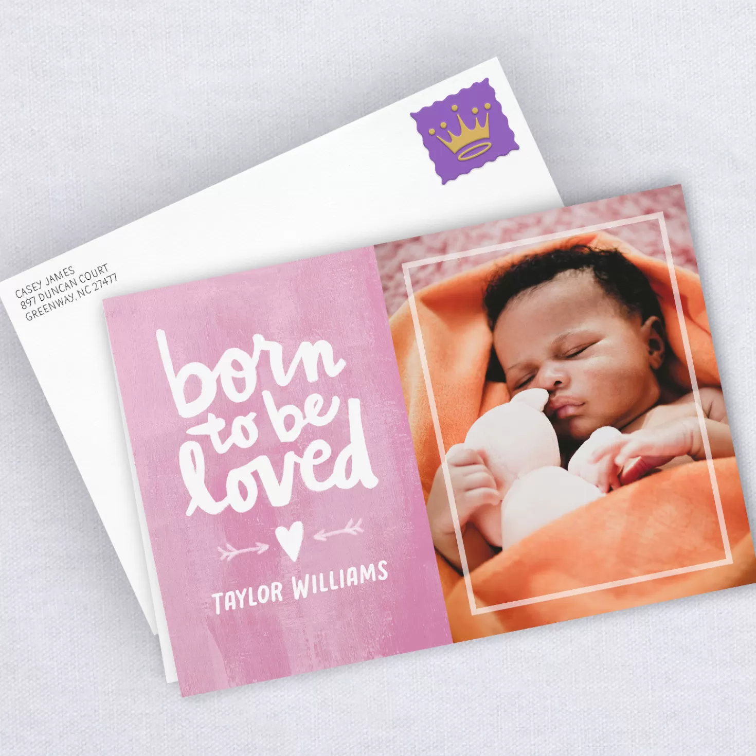 Online Personalized Born To Be Loved Pink New Baby Photo Card Congratulations