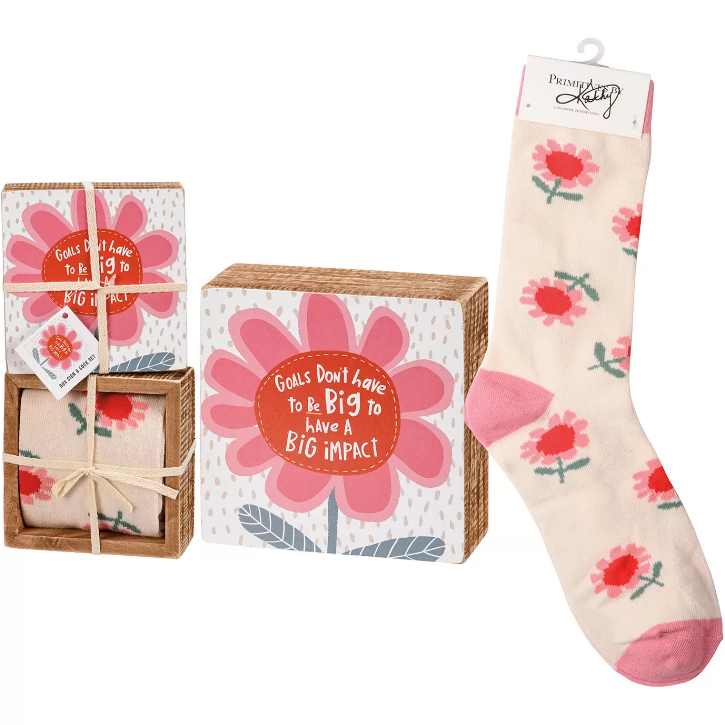Outlet Primitives By Kathy Pink Flowers Goals Block Sign And Socks, Set Of 2 Encouragement