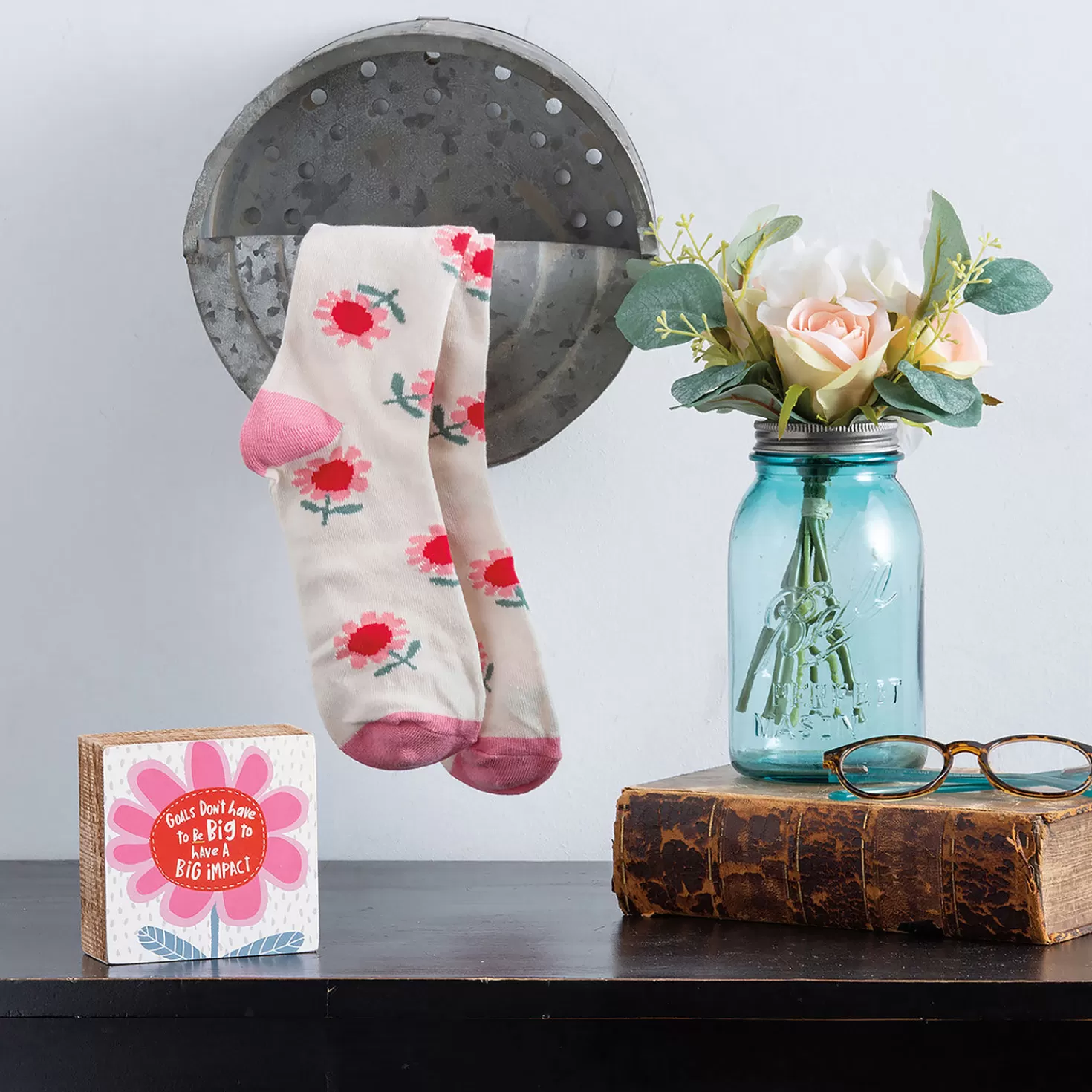 Outlet Primitives By Kathy Pink Flowers Goals Block Sign And Socks, Set Of 2 Encouragement